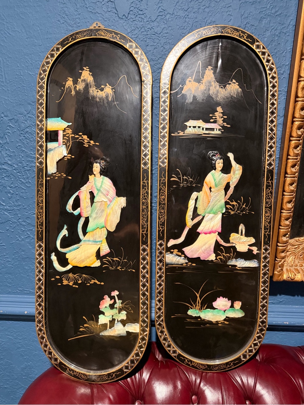 Pair Chinese lacquer wall panels mother of pearl